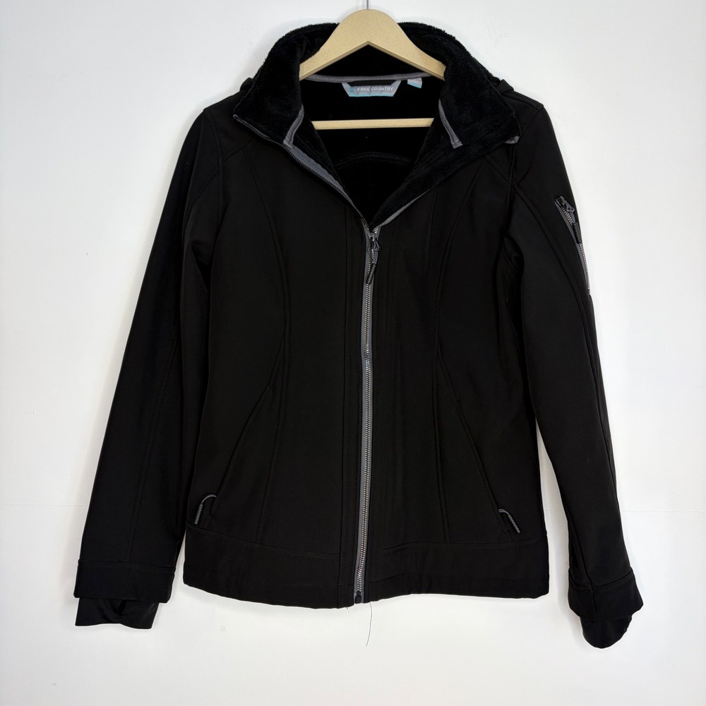 Free Country Softshell Jacket Women Medium Black Fleece Lined Hooded Full Zip